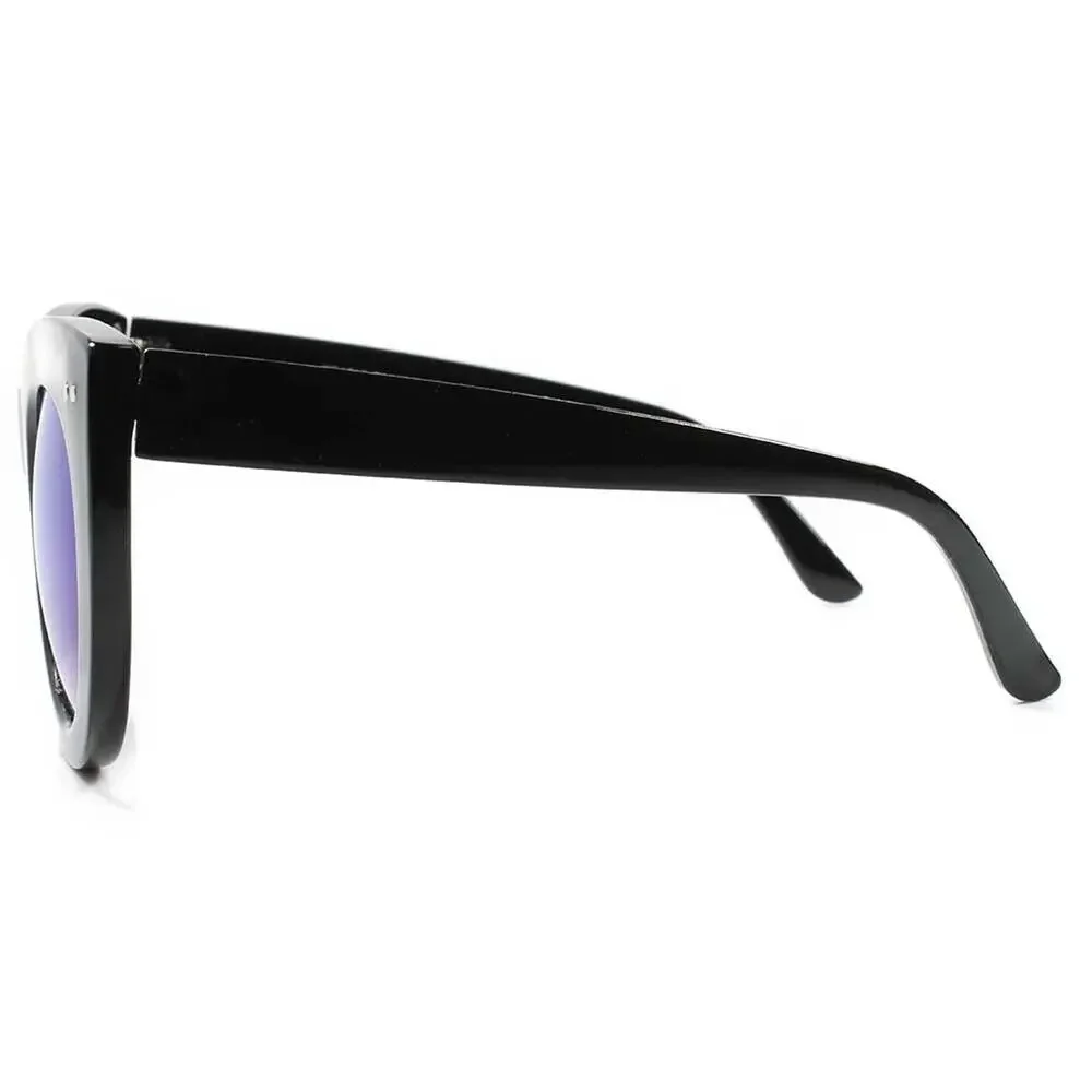 Womens Oversized Round Sunglasses Black Frame Blue Mirrored Lens